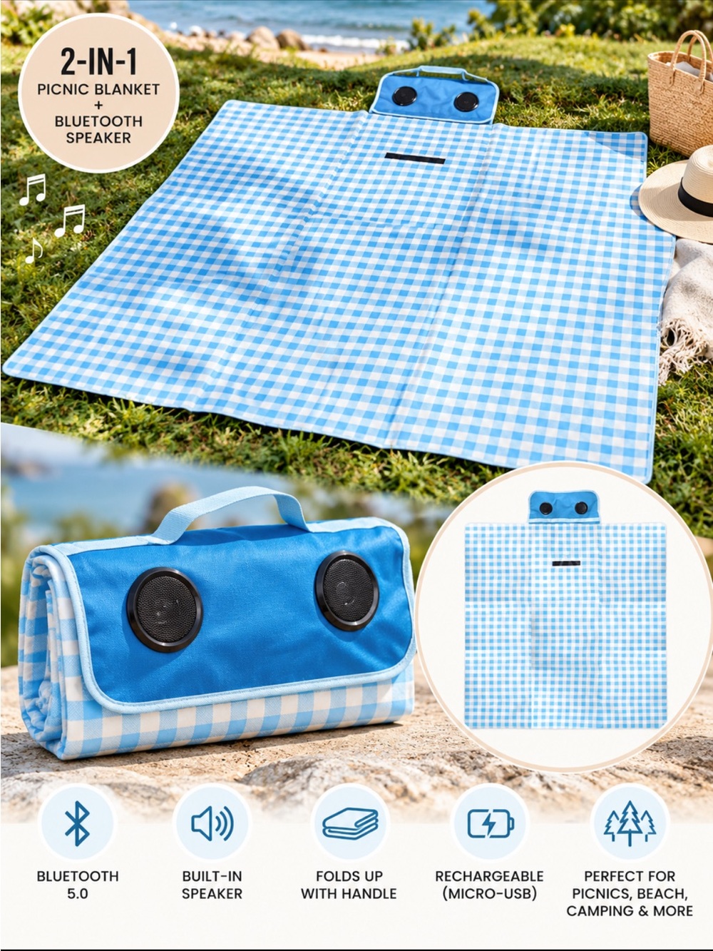 CYLO Picnic Beach Blanket Bluetooth Speaker | 2-in-1 Portable Outdoor Blanket